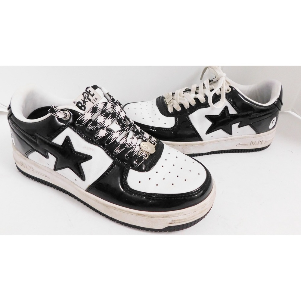 A Bathing Ape BAPE STA Bape Sta Patent Leather Black/White Men's Low Top sz 7.5